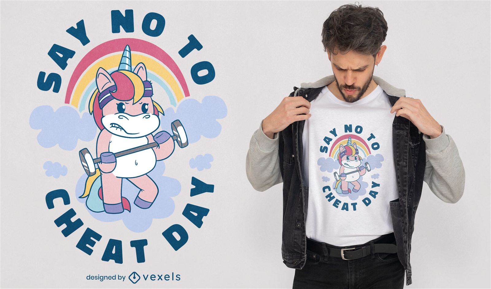 Cartoon unicorn lifting weights t-shirt design