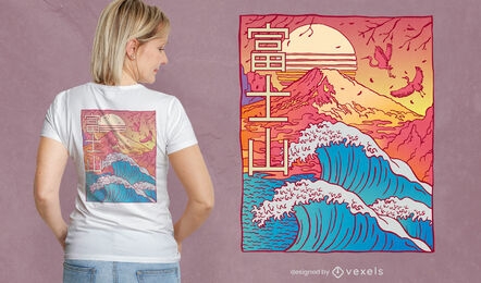 Design de camiseta Monte fuji e ondas do mar