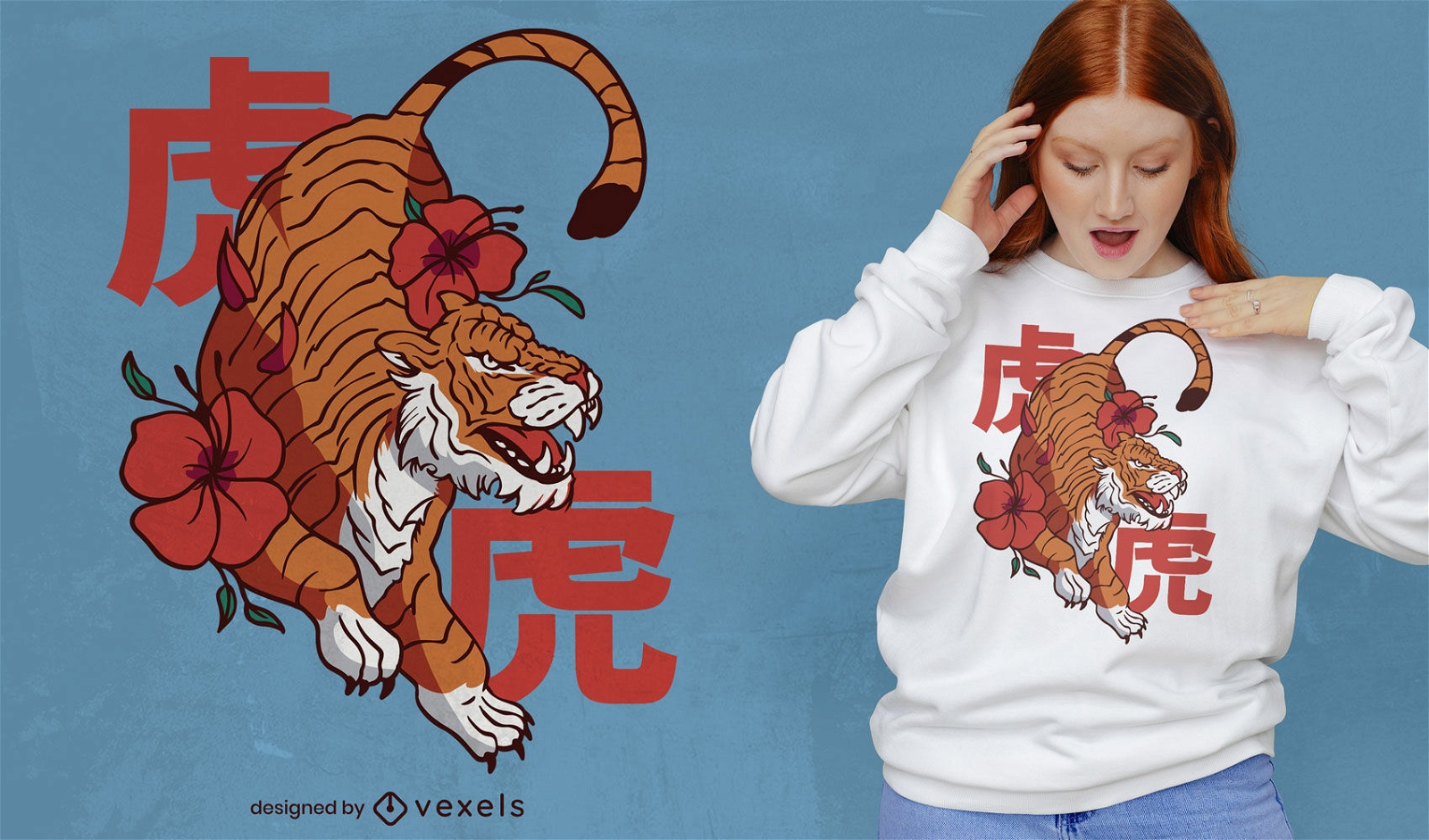 Diseño de camiseta de tigre japonés con flores.