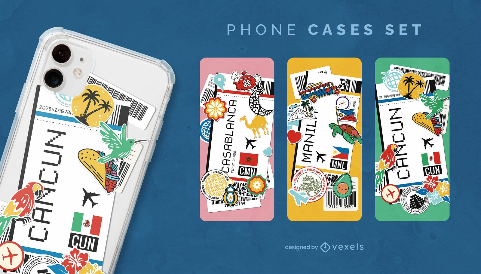 Conjunto de capas de telefone de cartão de embarque de férias tropicais