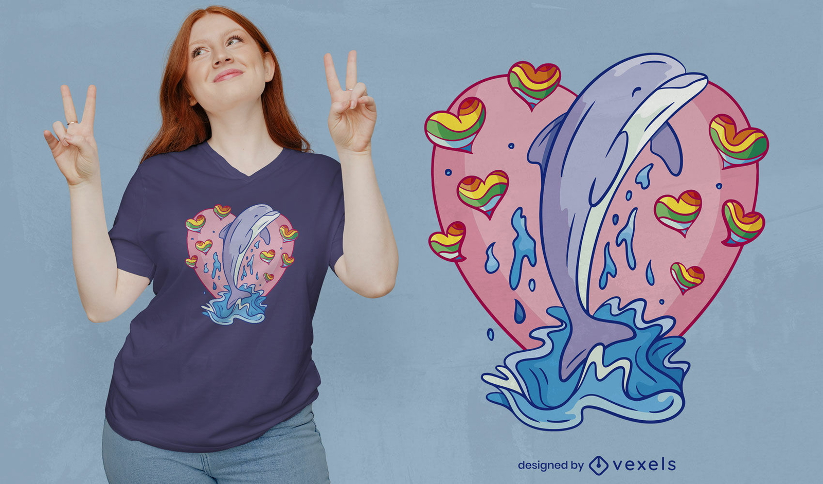 Diseño de camiseta de delfines saltando con corazones.