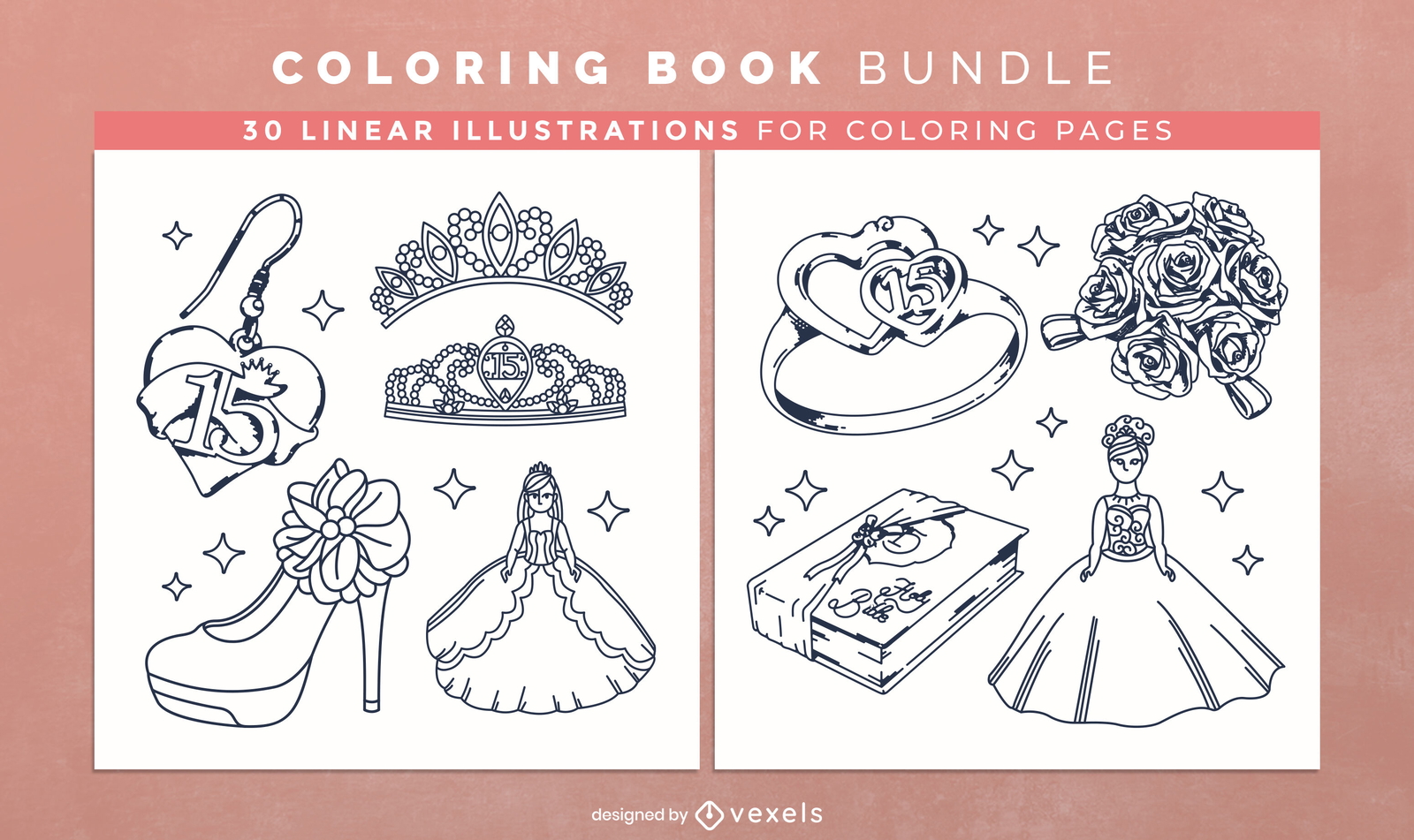 Design de páginas de livro de colorir princesa Quinceanera