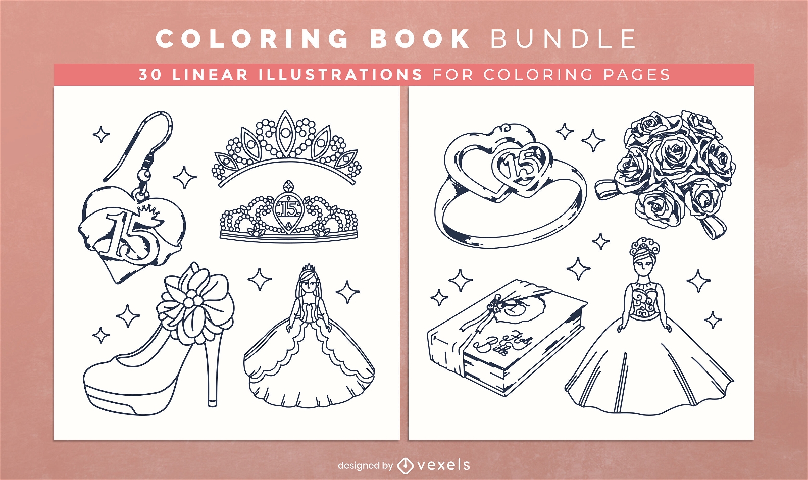Diseño de páginas de libro para colorear de princesa Quinceanera