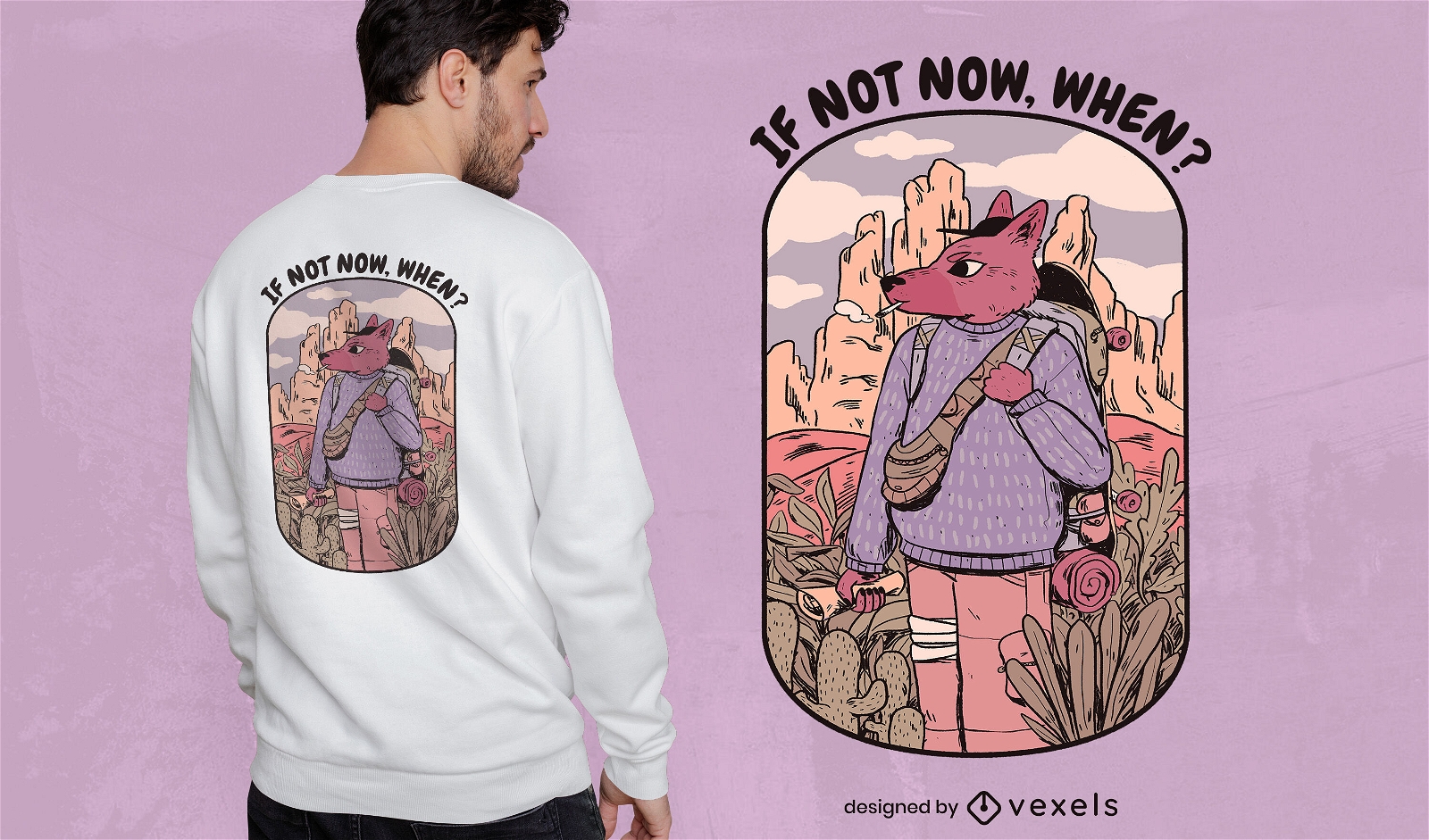 Raposa caminhando no design de camiseta do deserto
