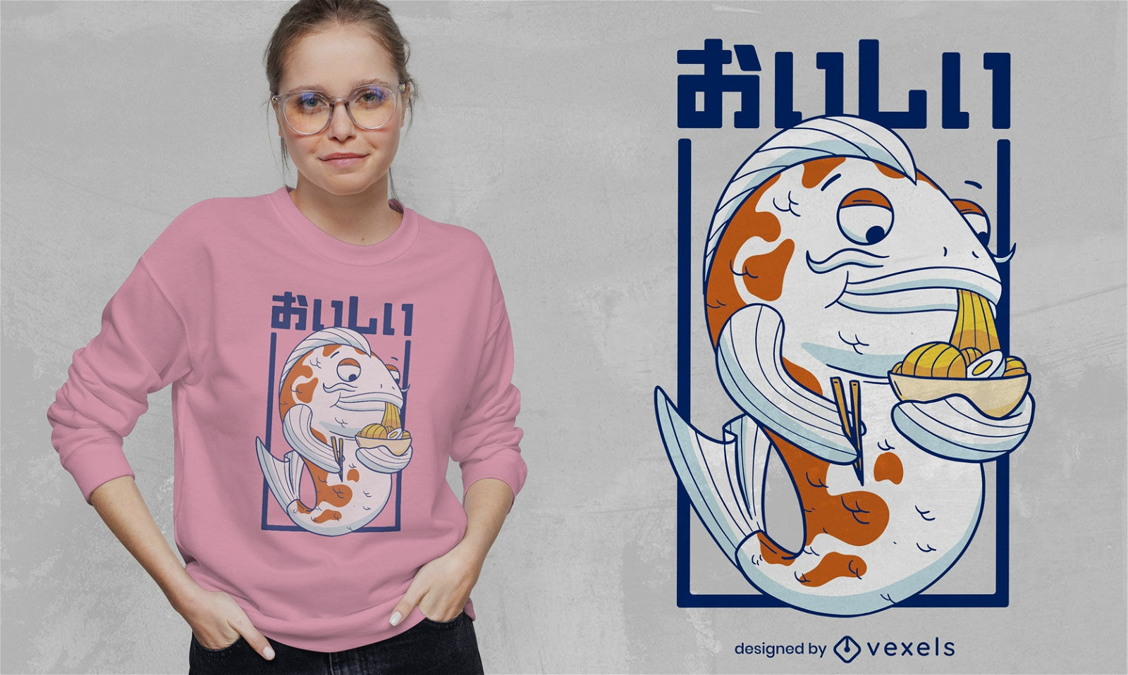 Diseño de camiseta de ramen comiendo pescado japonés.