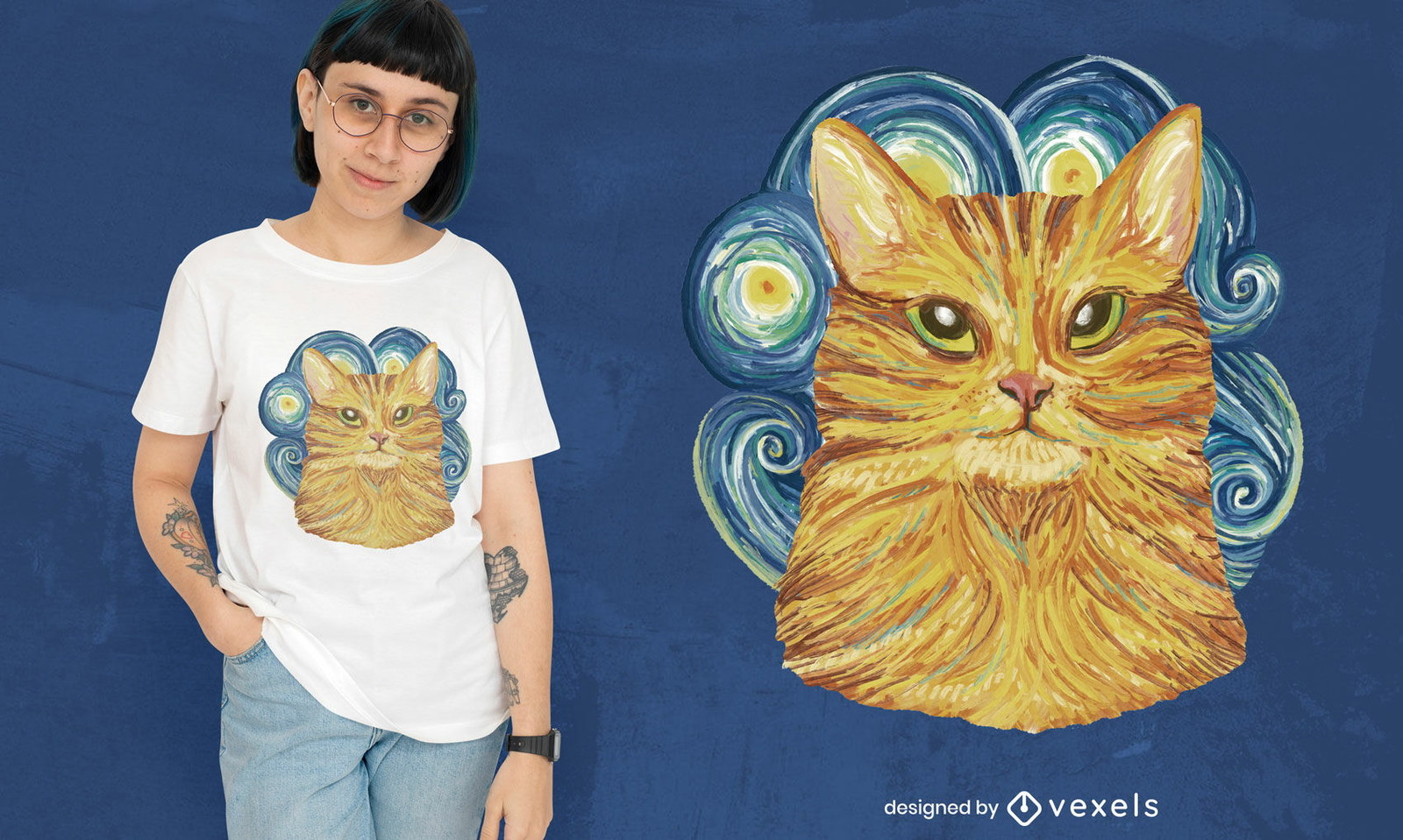 Design de camiseta pós-impressionismo de gato dourado