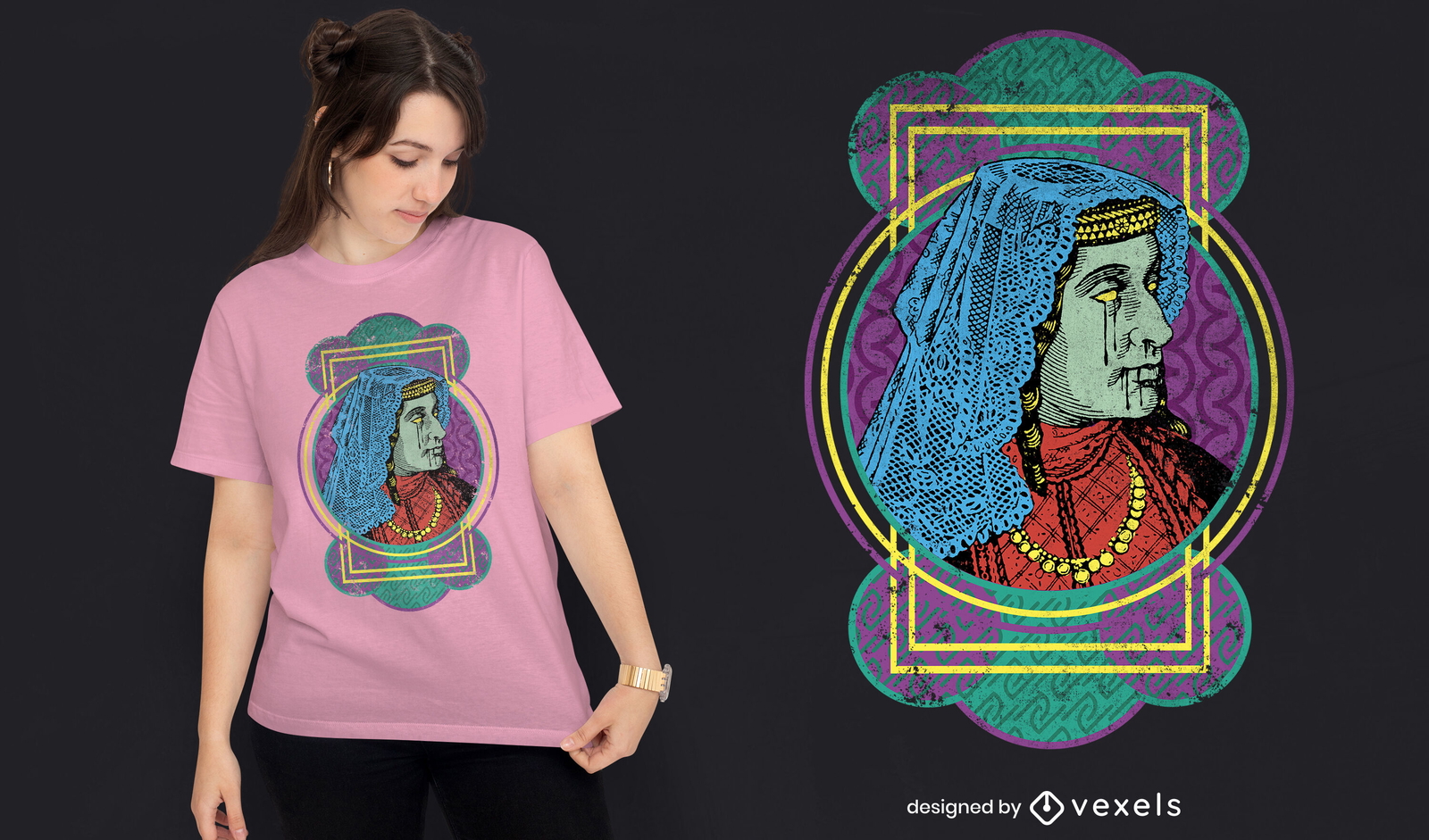 Diseño de camiseta de retrato de mujer con pañuelo en la cabeza