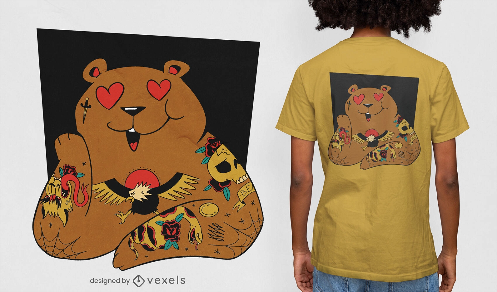 Urso com tatuagens no design de t-shirt de amor