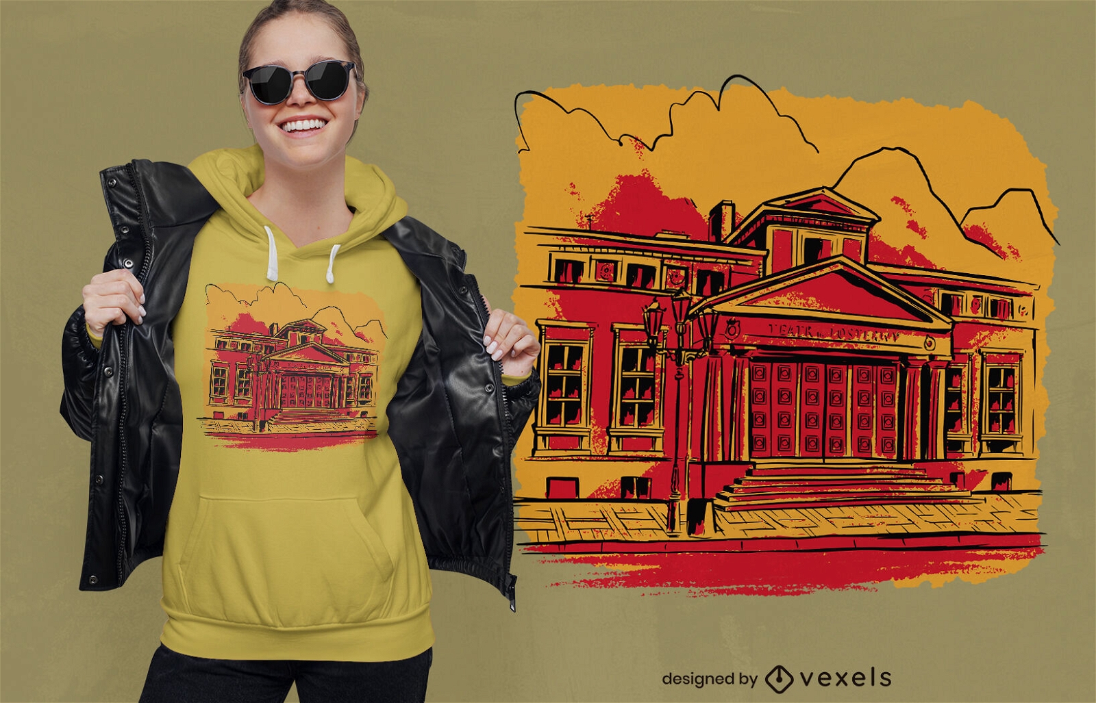 Classical low building in city t-shirt design