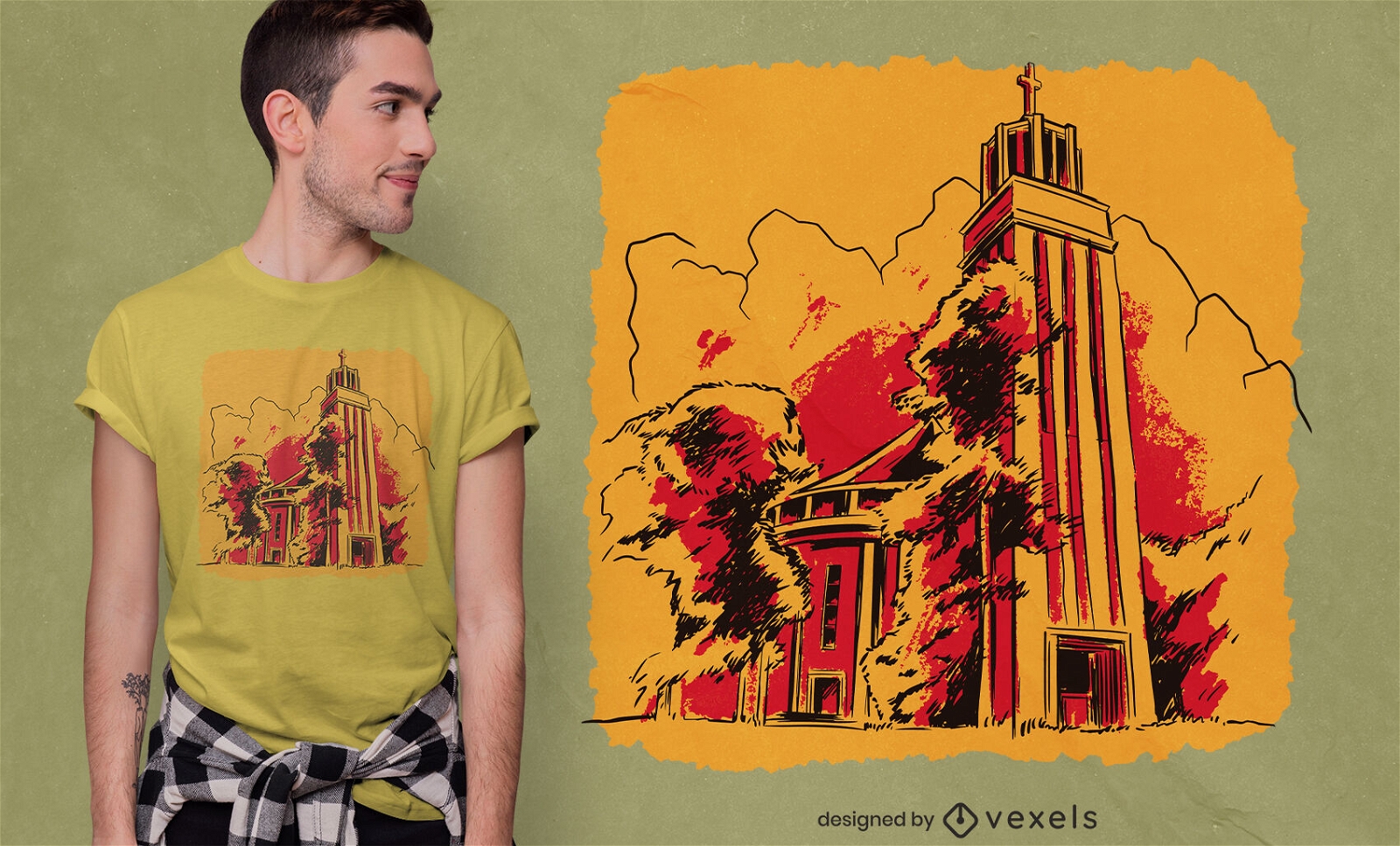 Torre con cruz y diseño de camiseta de construcción.