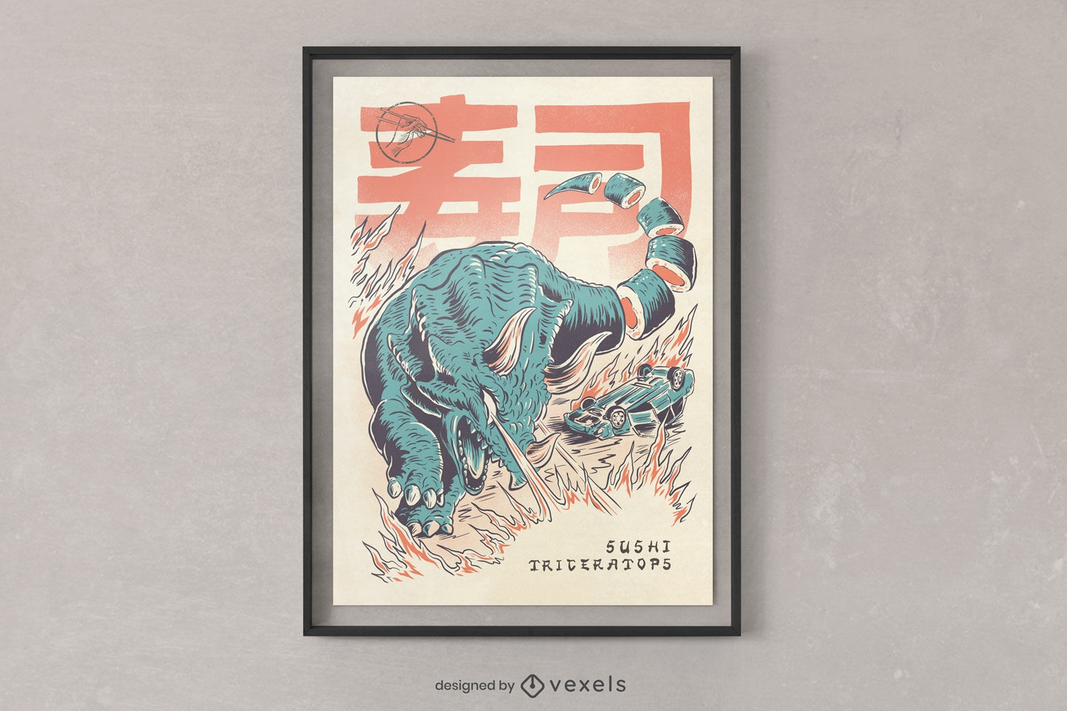 Diseño de cartel de sushi de animales de dinosaurio.