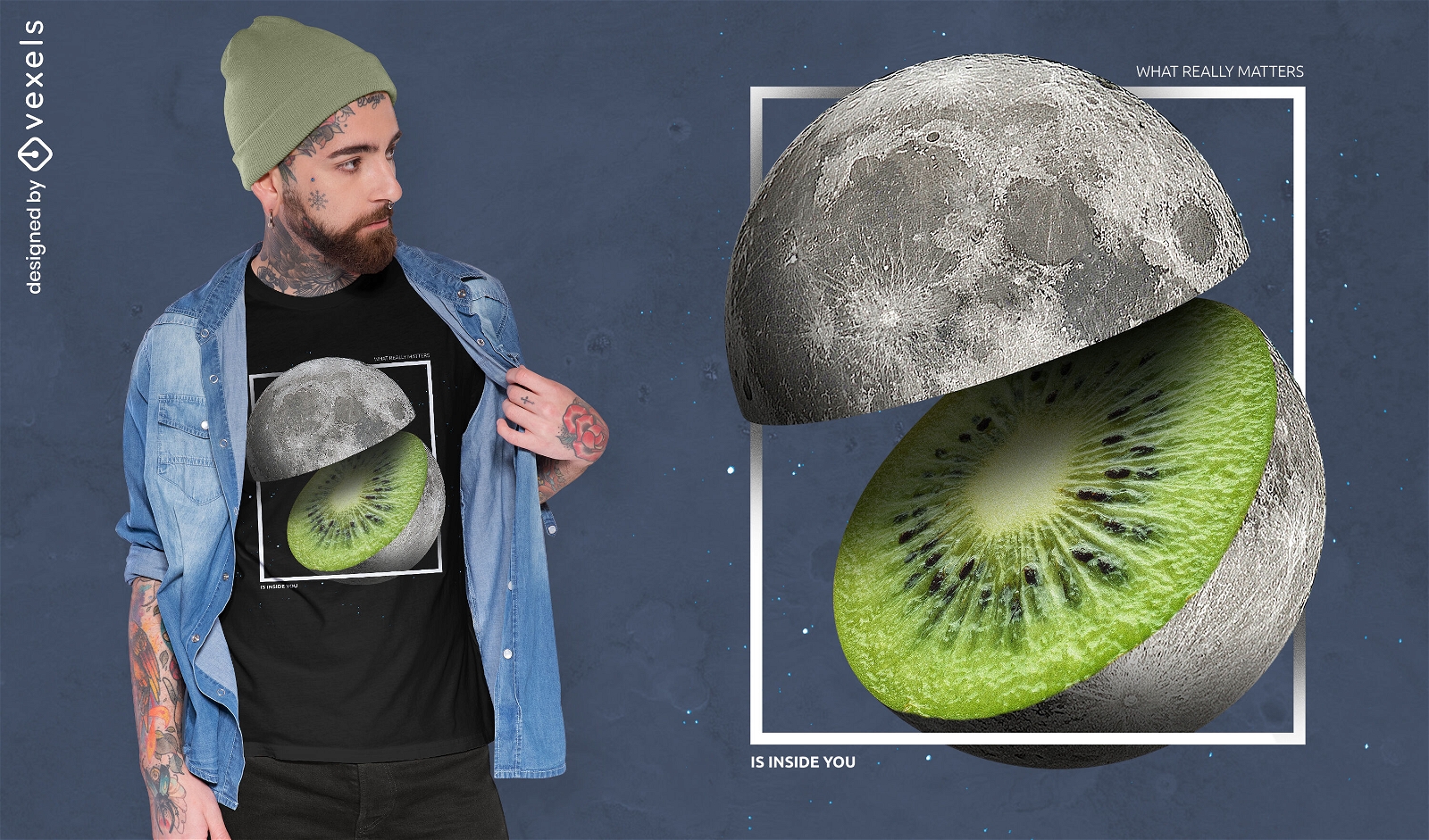 Camiseta realista de la luna de la fruta del kiwi psd