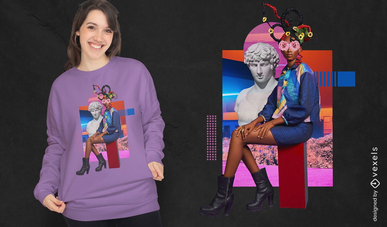 Mulher com flores e t-shirt de estátua grega psd