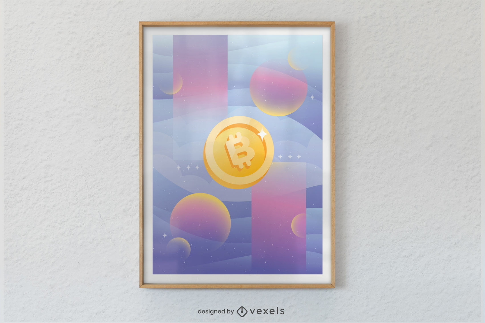 Logotipo de criptomoeda flutuando no design do pôster do espaço