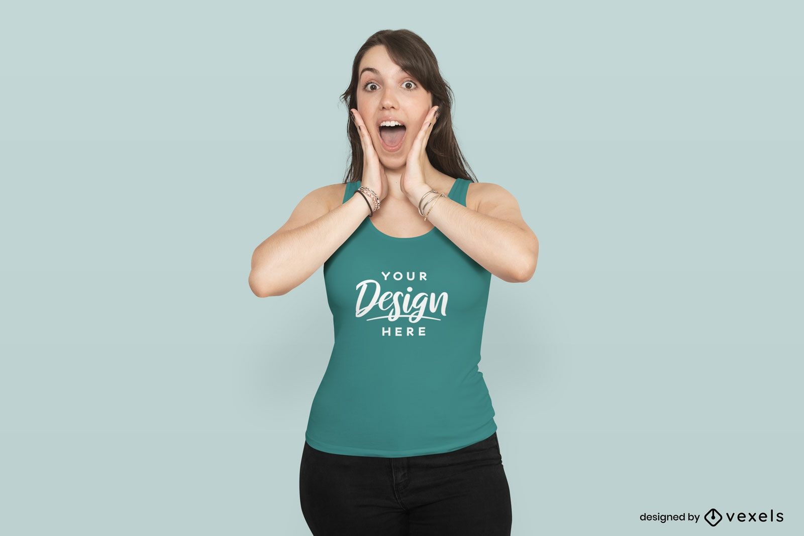 Woman with surprised face tank top mockup