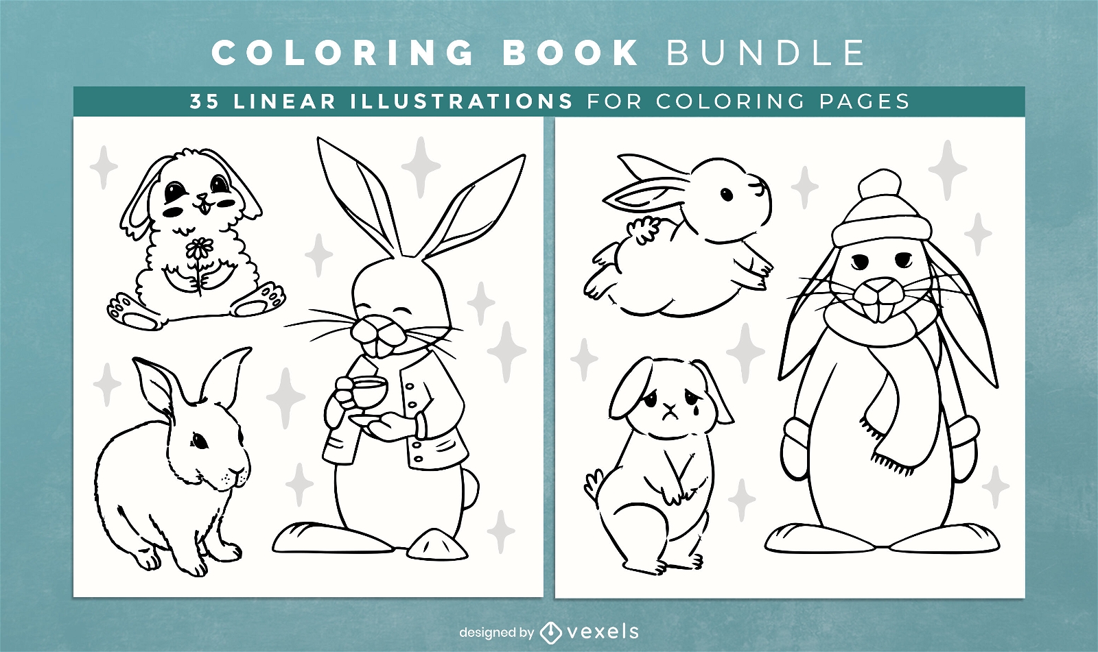 Design von Buchseiten zum Ausmalen von Kaninchenfiguren