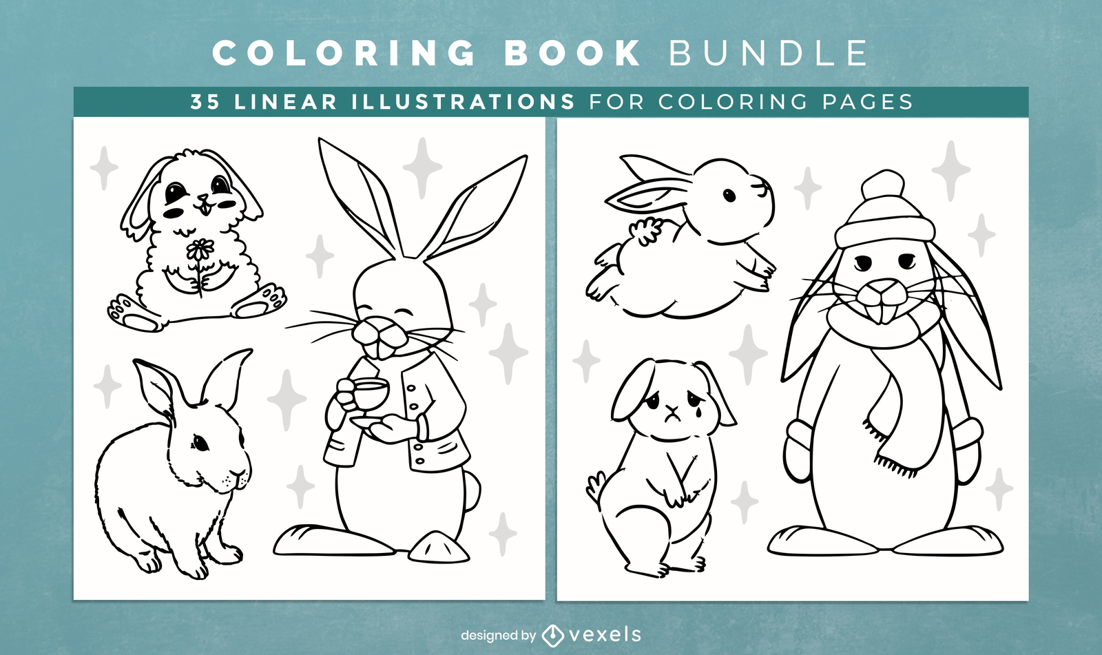 Rabbit characters coloring book pages design