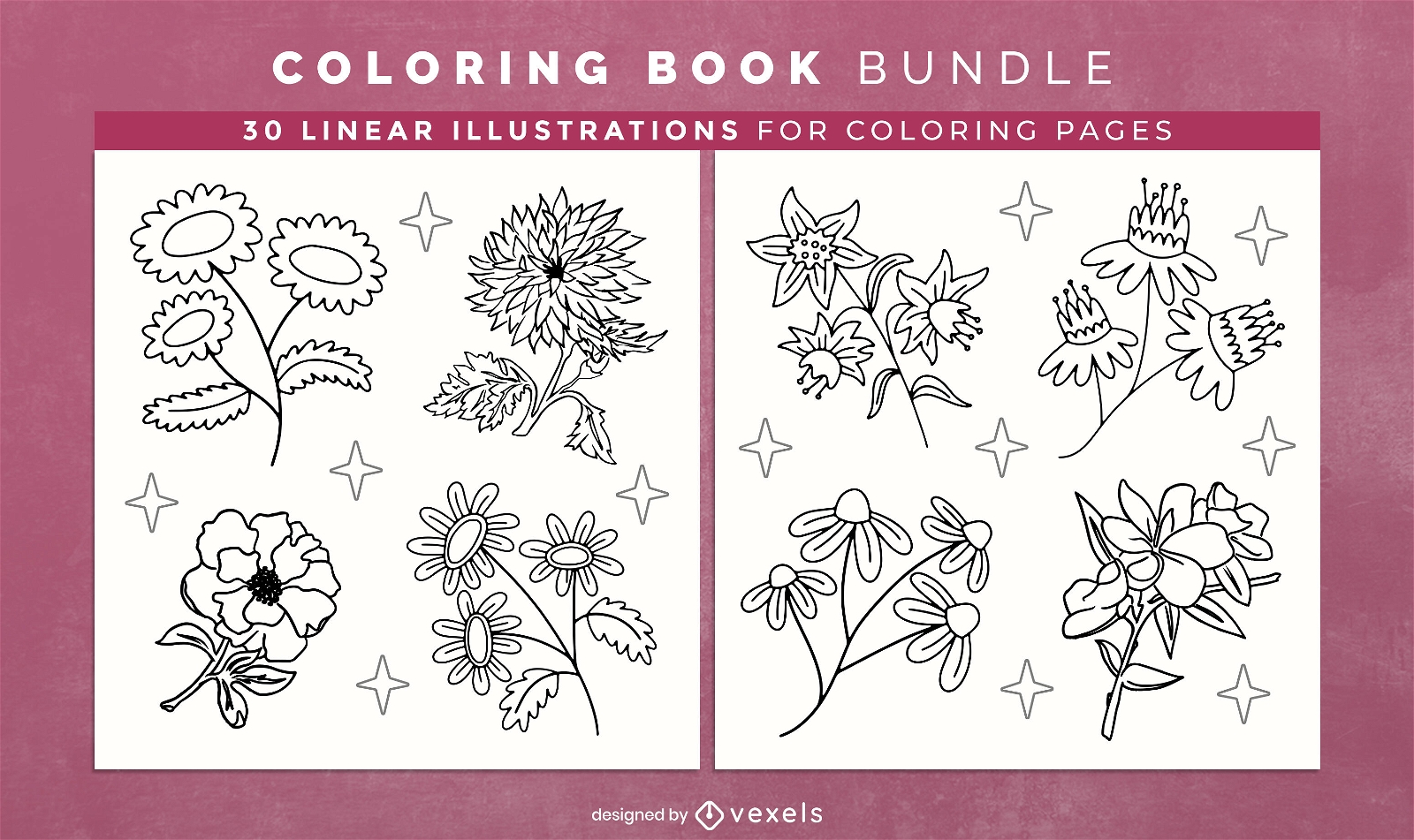 Types of flowers coloring book pages design
