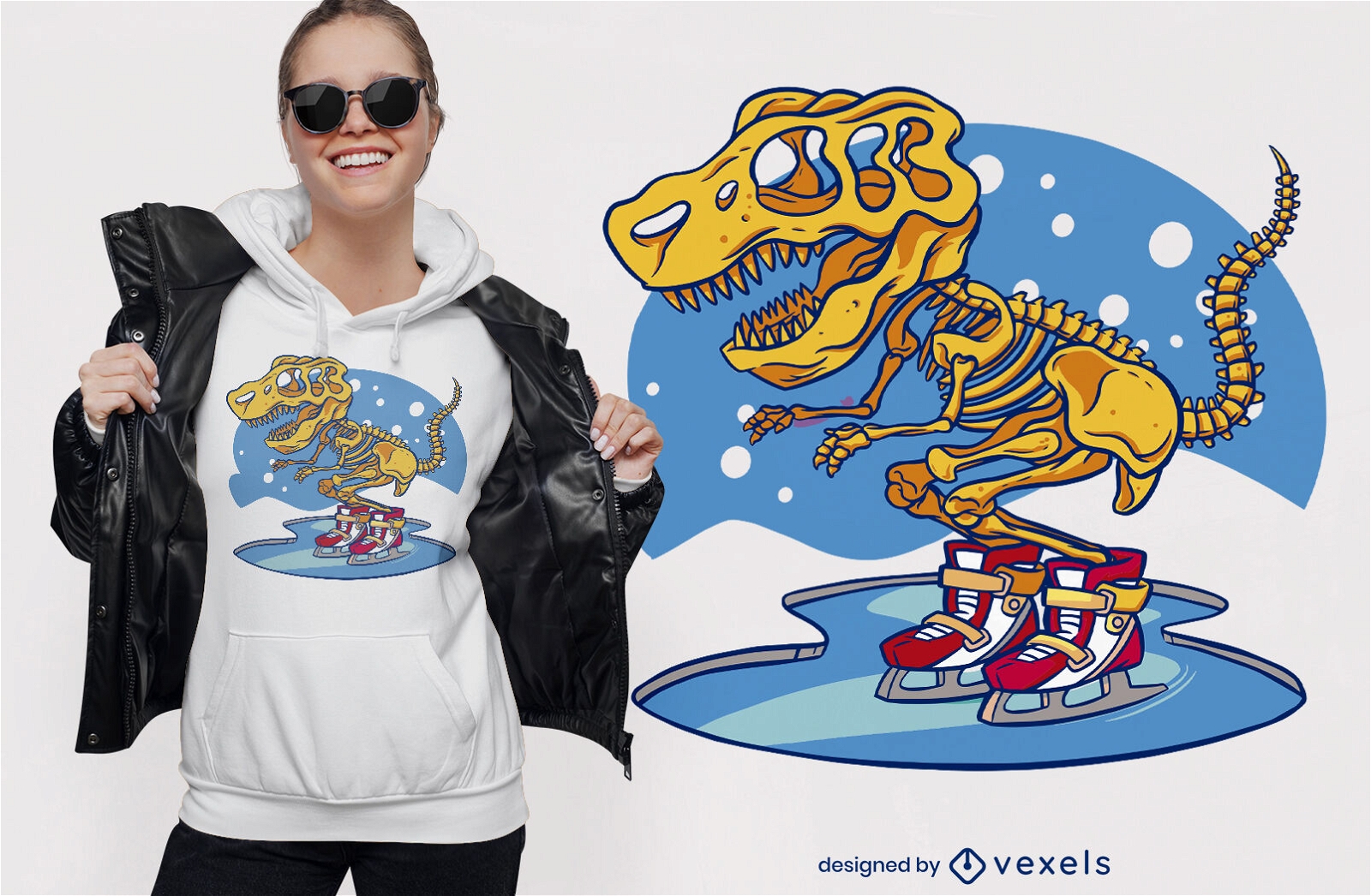 Skeleton dinosaur skating t-shirt design