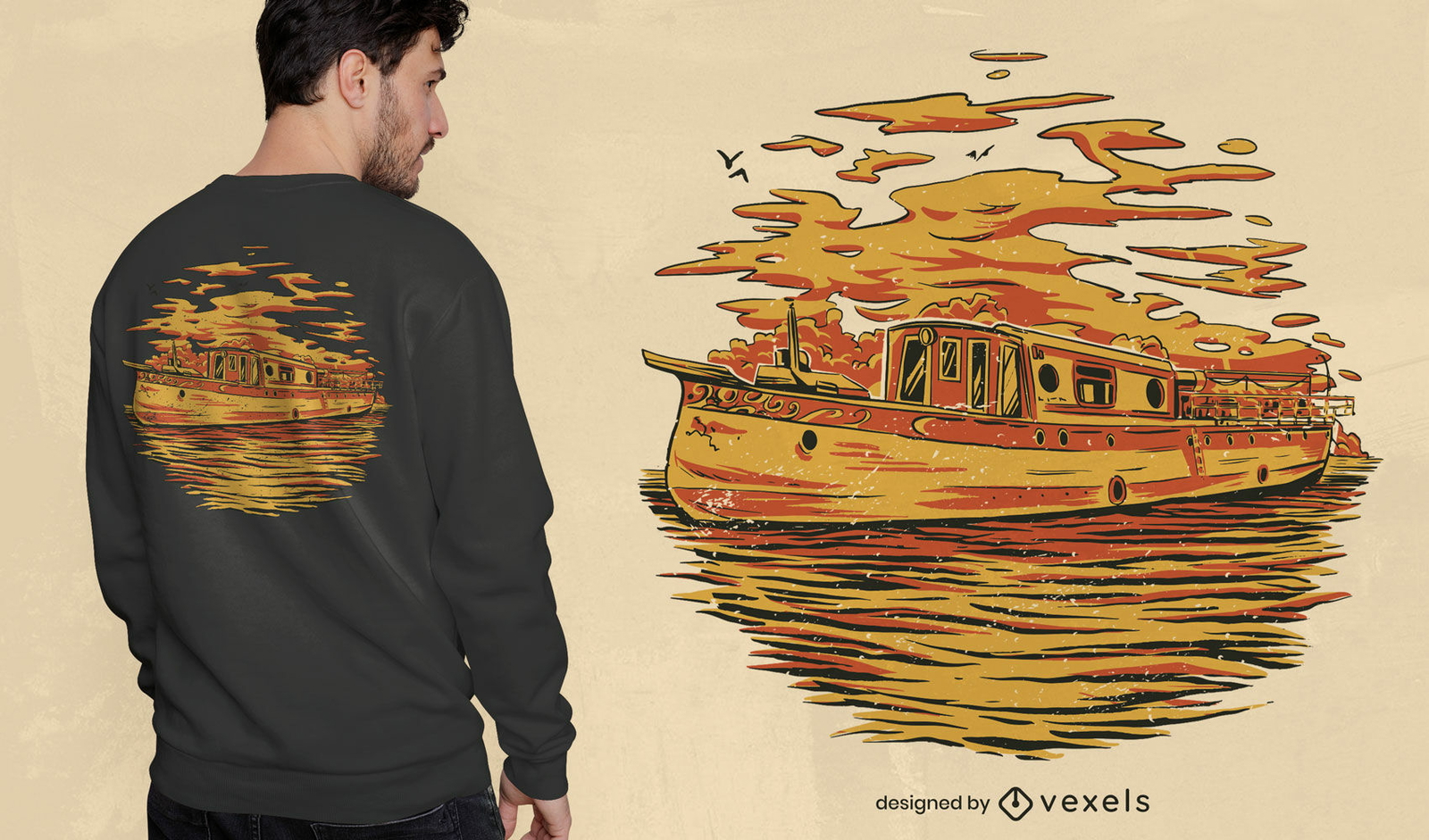 Gran barco en diseño de camiseta de agua de lago.