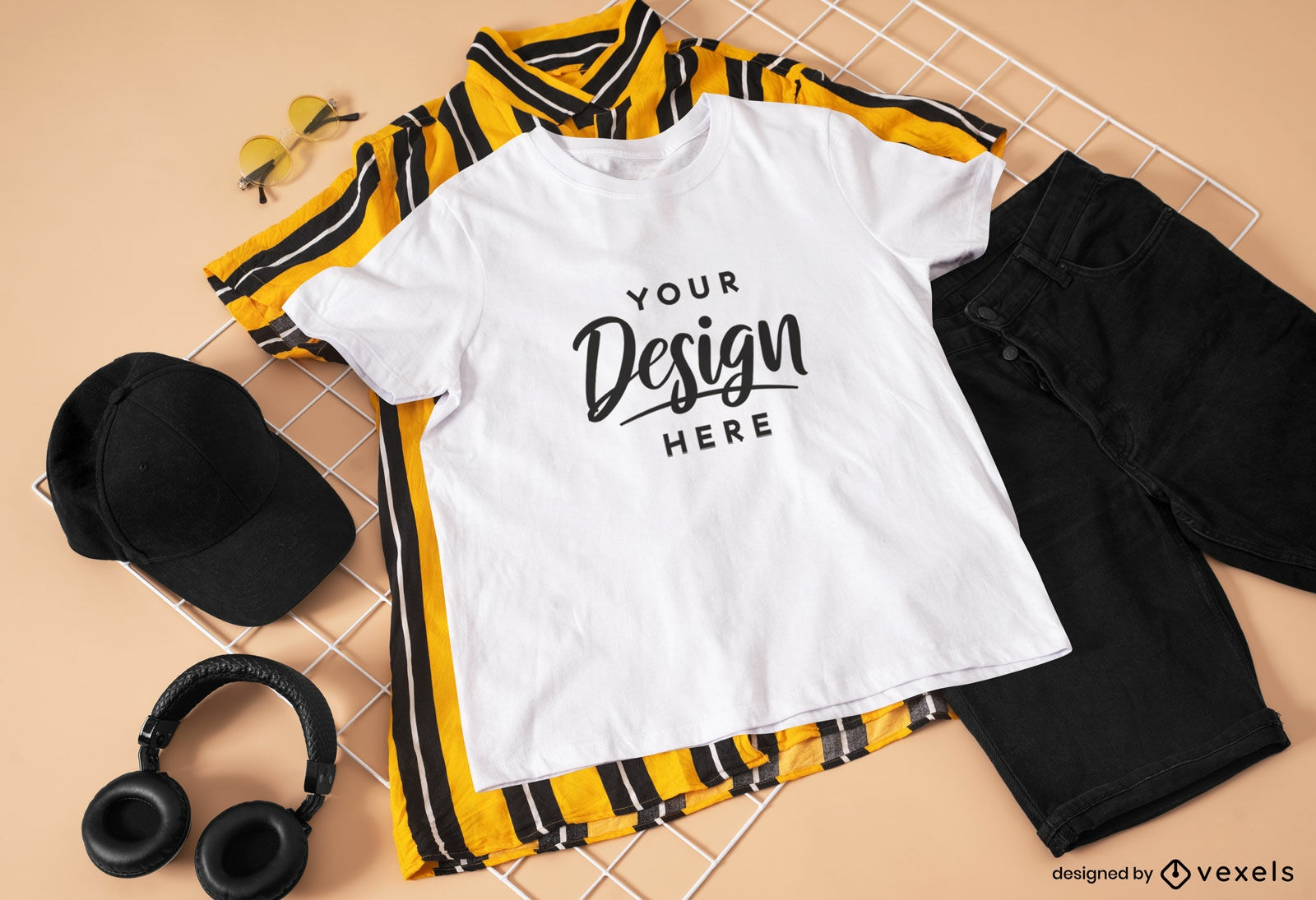 Men's outfit with striped button up t-shirt mockup design