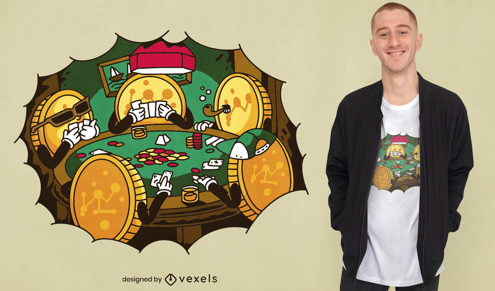 Moedas de criptomoeda jogando design de camiseta de pôquer