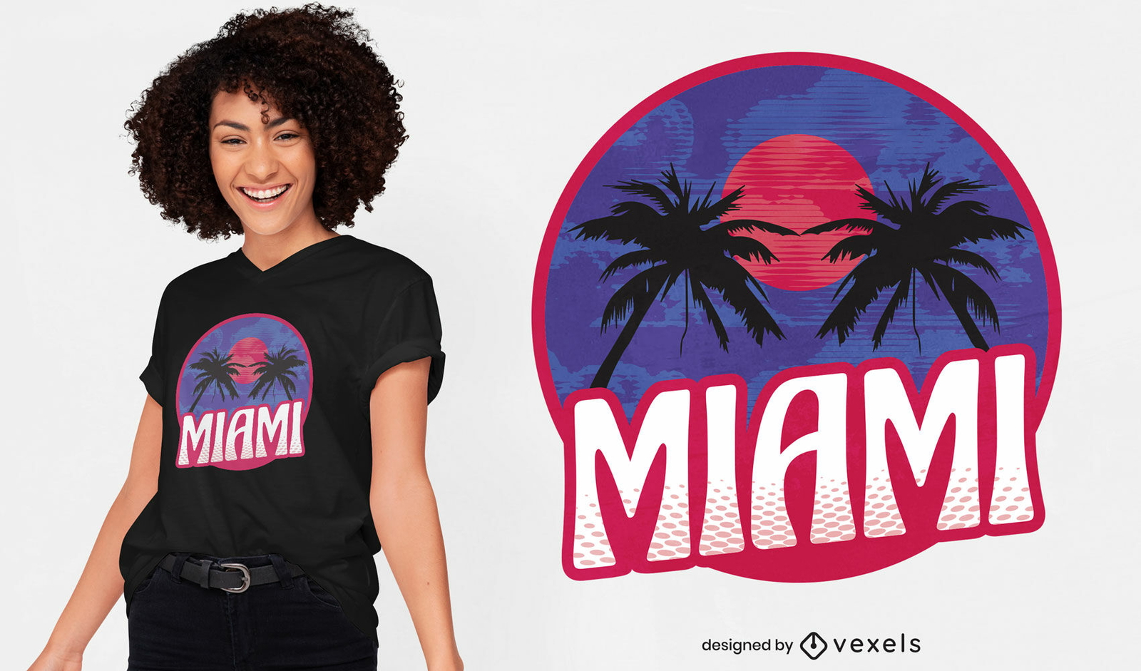 Diseño de camiseta de palmeras y puesta de sol miami.