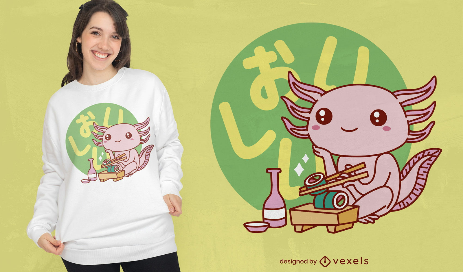 Axolotl bonito comendo design de t-shirt de sushi