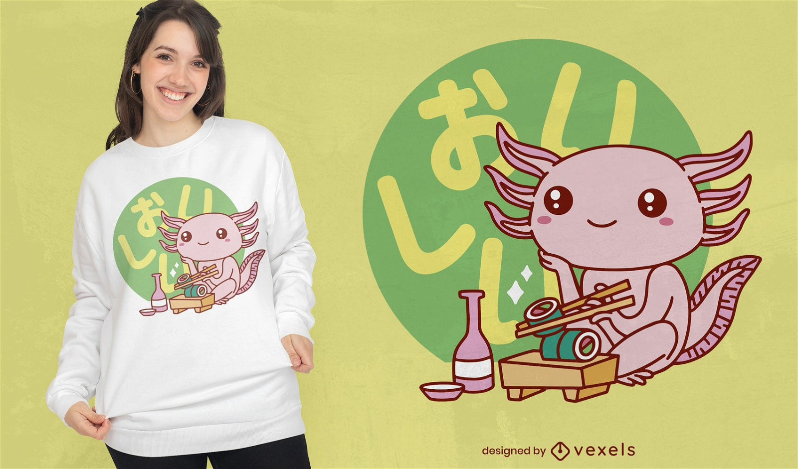Cute axolotl eating sushi t-shirt design