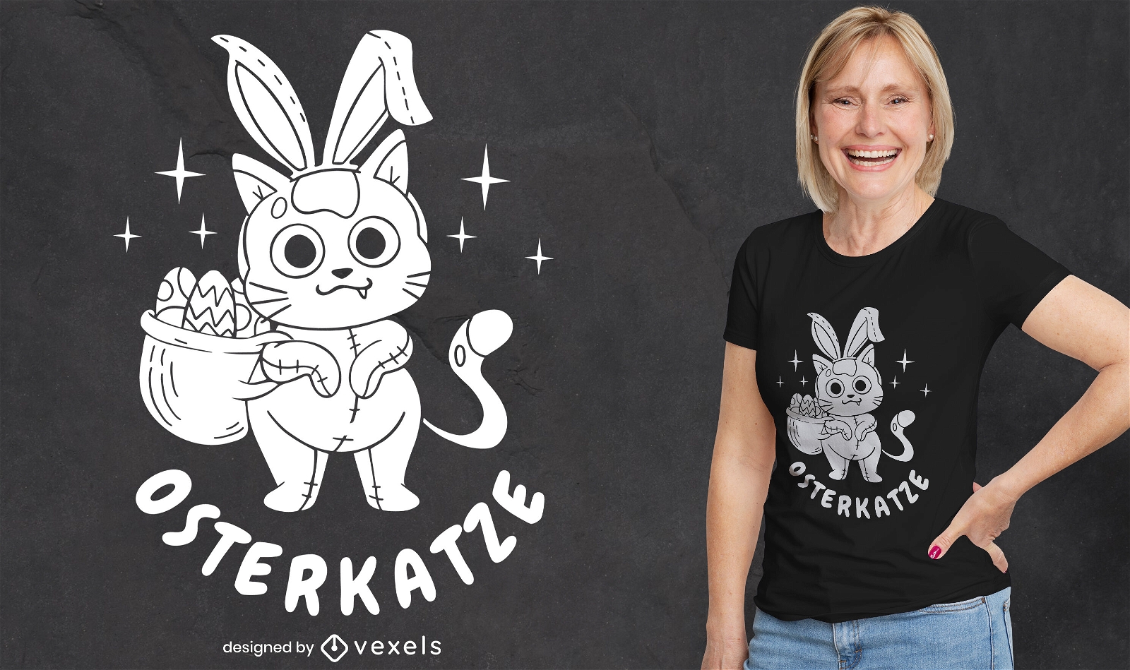 Diseño de camiseta de gato con disfraz de conejito de Pascua