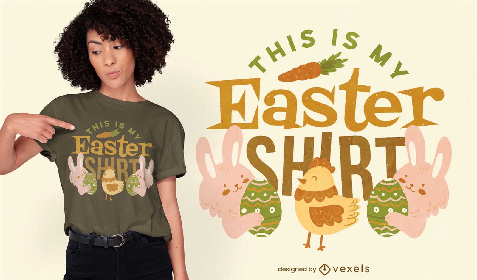 Diseño de camiseta de Pascua de conejo y pollo.