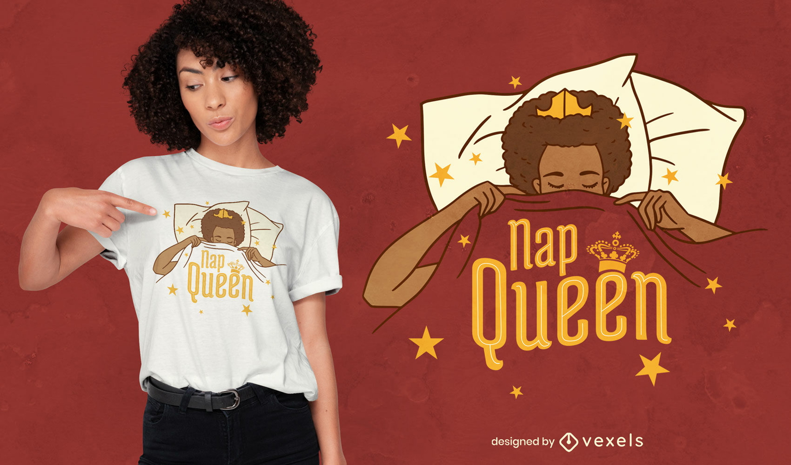 Mulher negra dormindo com design de camiseta de coroa