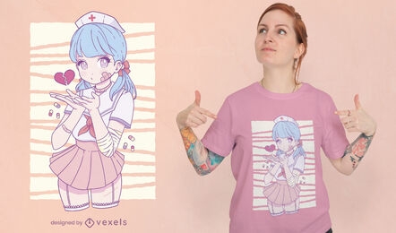 Enfermeira de anime com design de camiseta de coração partido