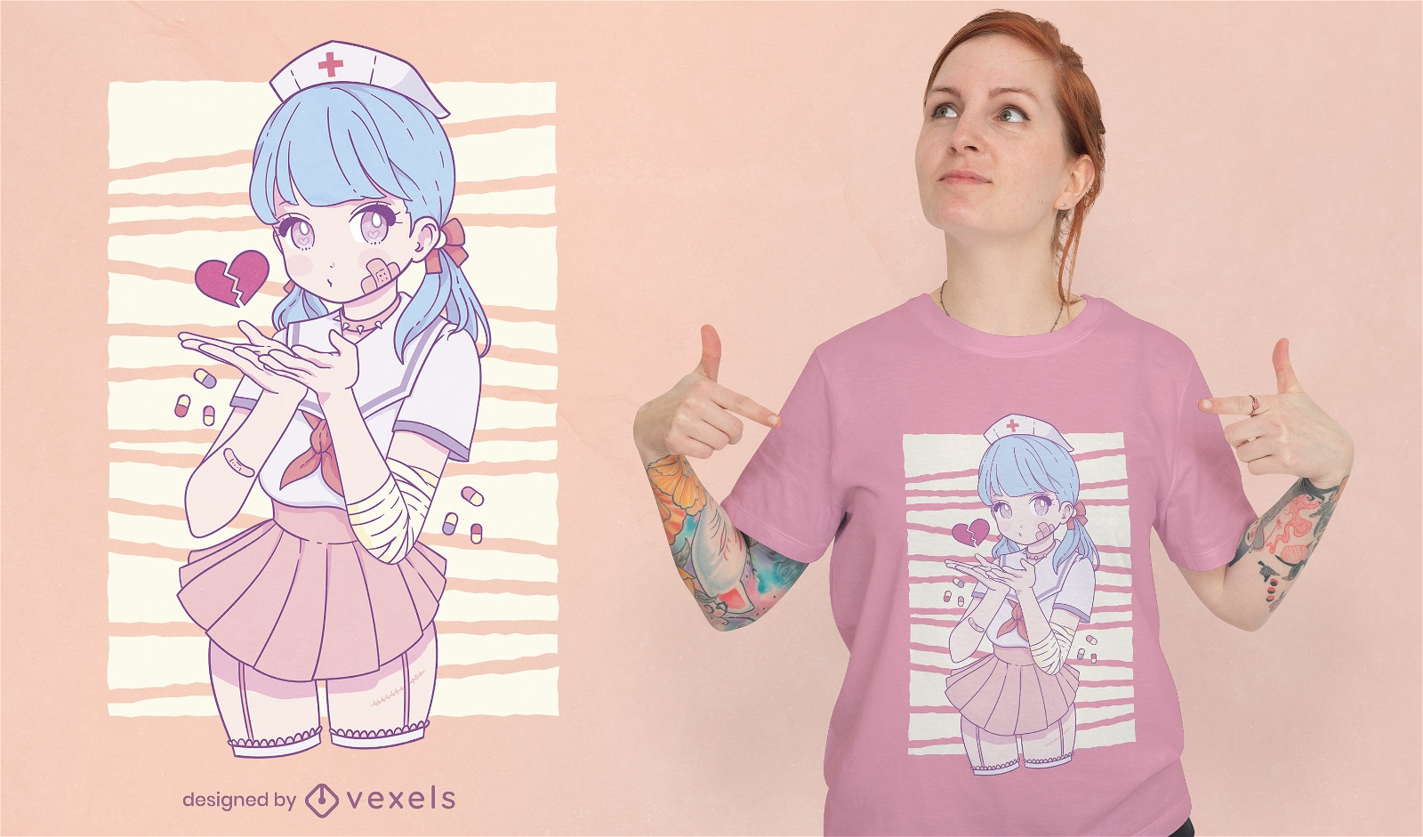 Anime-Krankenschwester mit T-Shirt-Design mit gebrochenem Herzen