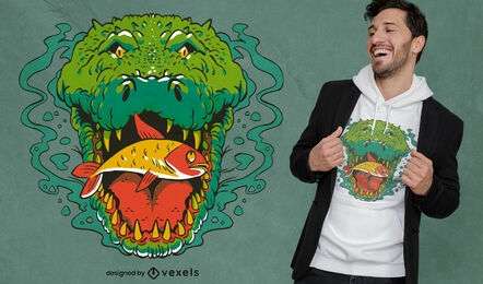 Design de camiseta de crocodilo comendo peixe