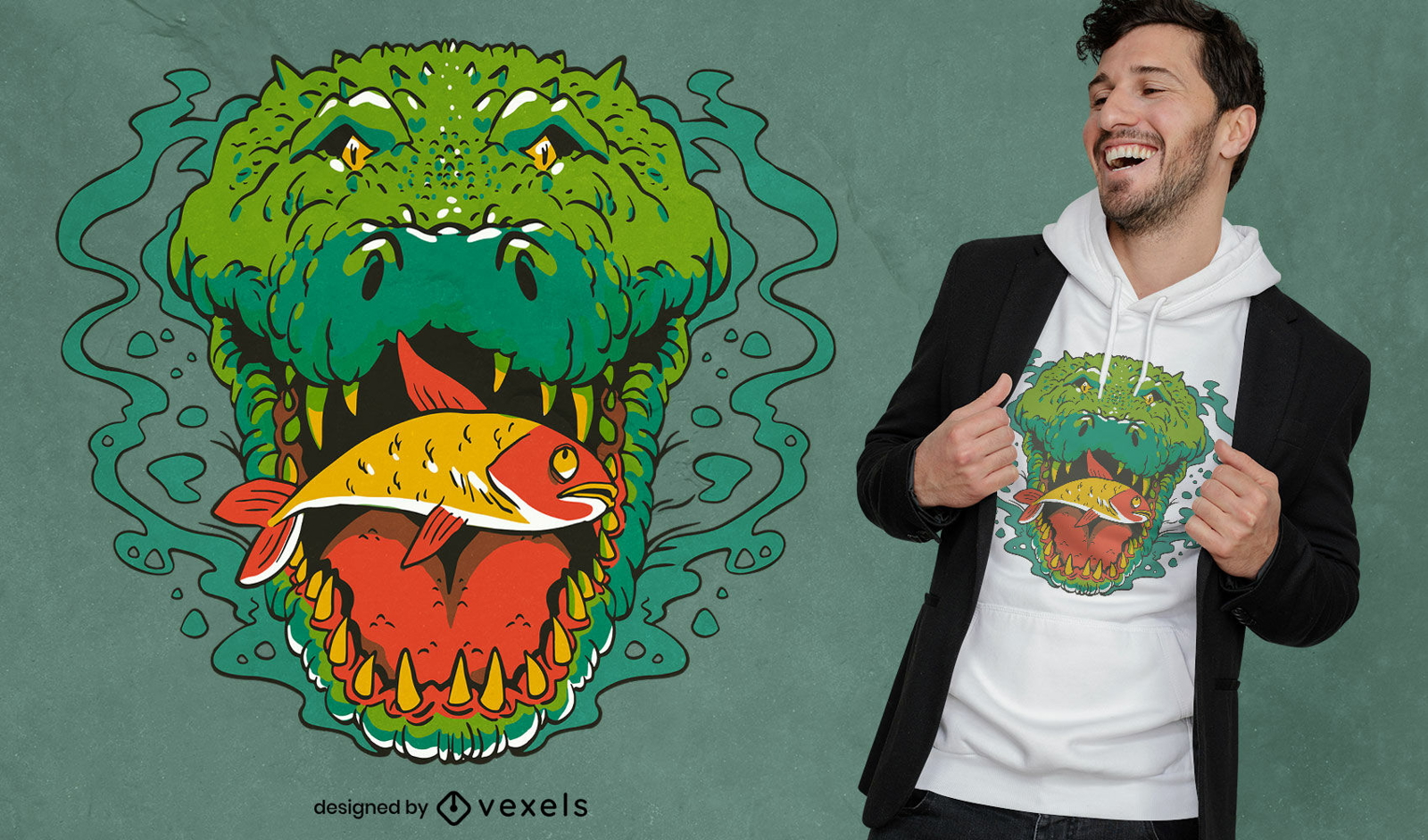 Diseño de camiseta de cocodrilo comiendo pescado.