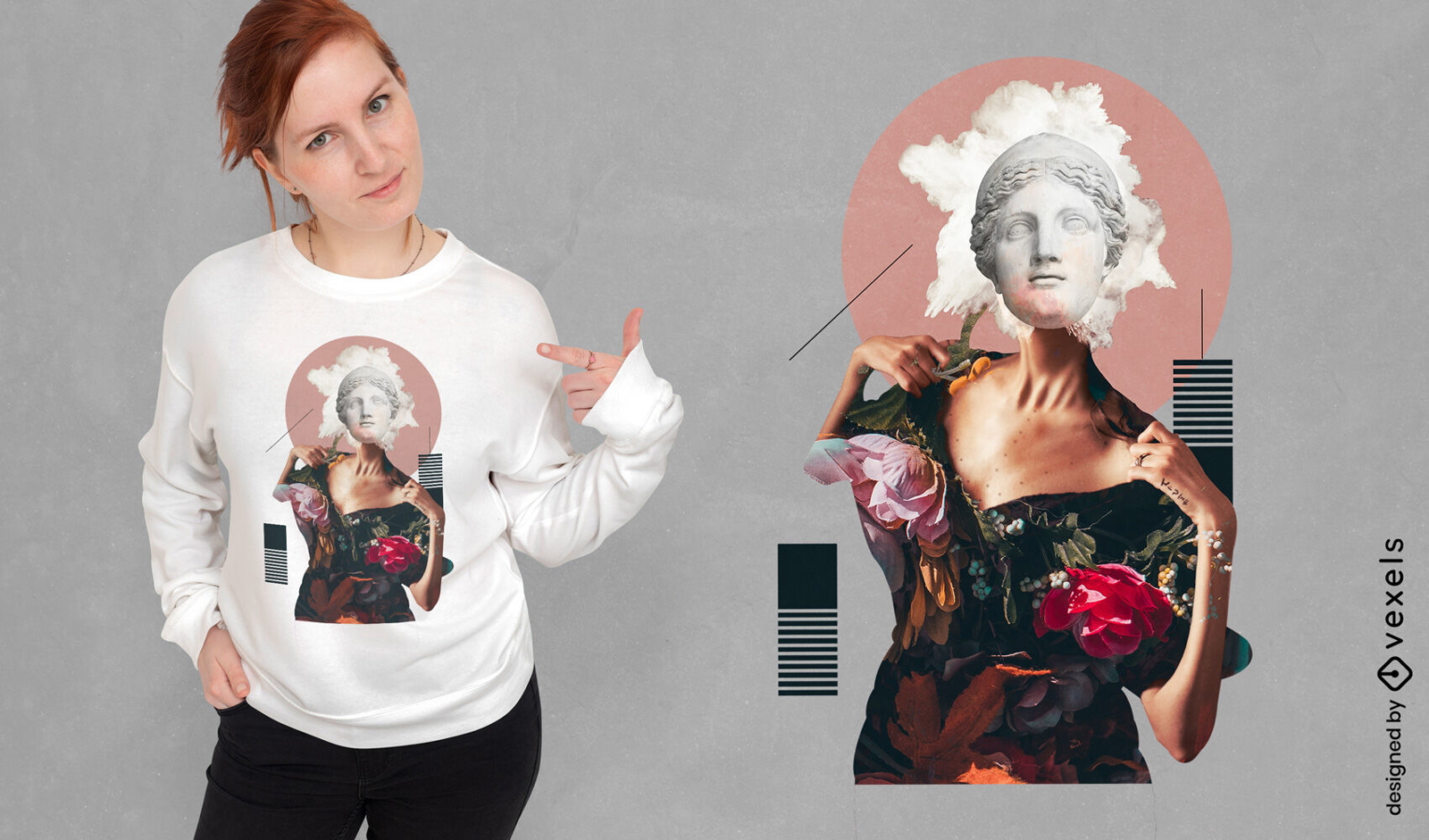 Woman with statue head t-shirt psd design