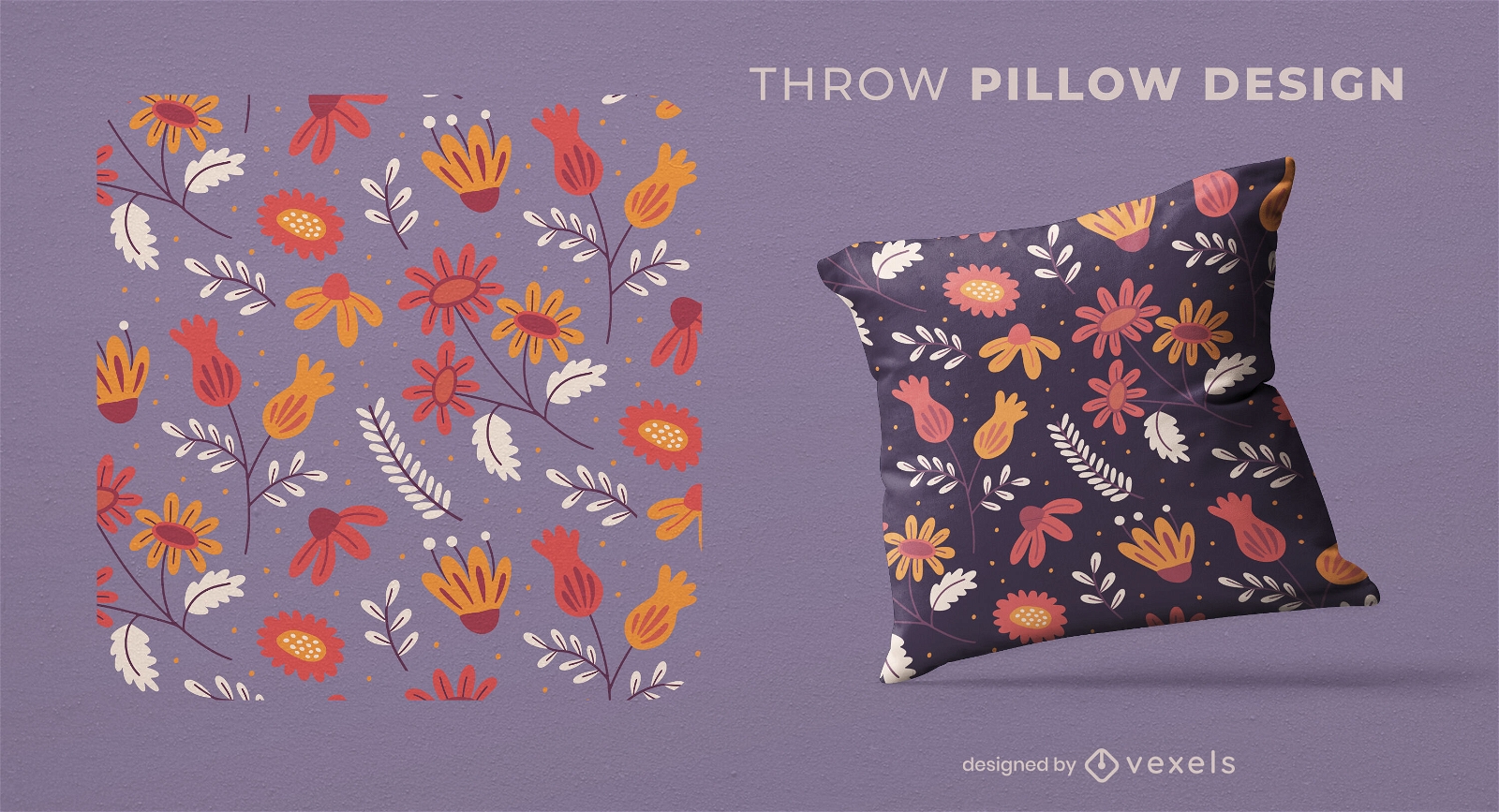 Flat flowers and leaves throw pillow design