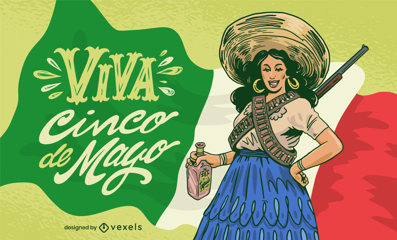 Cinco de Mayo-Frau mit Gewehr und Tequila