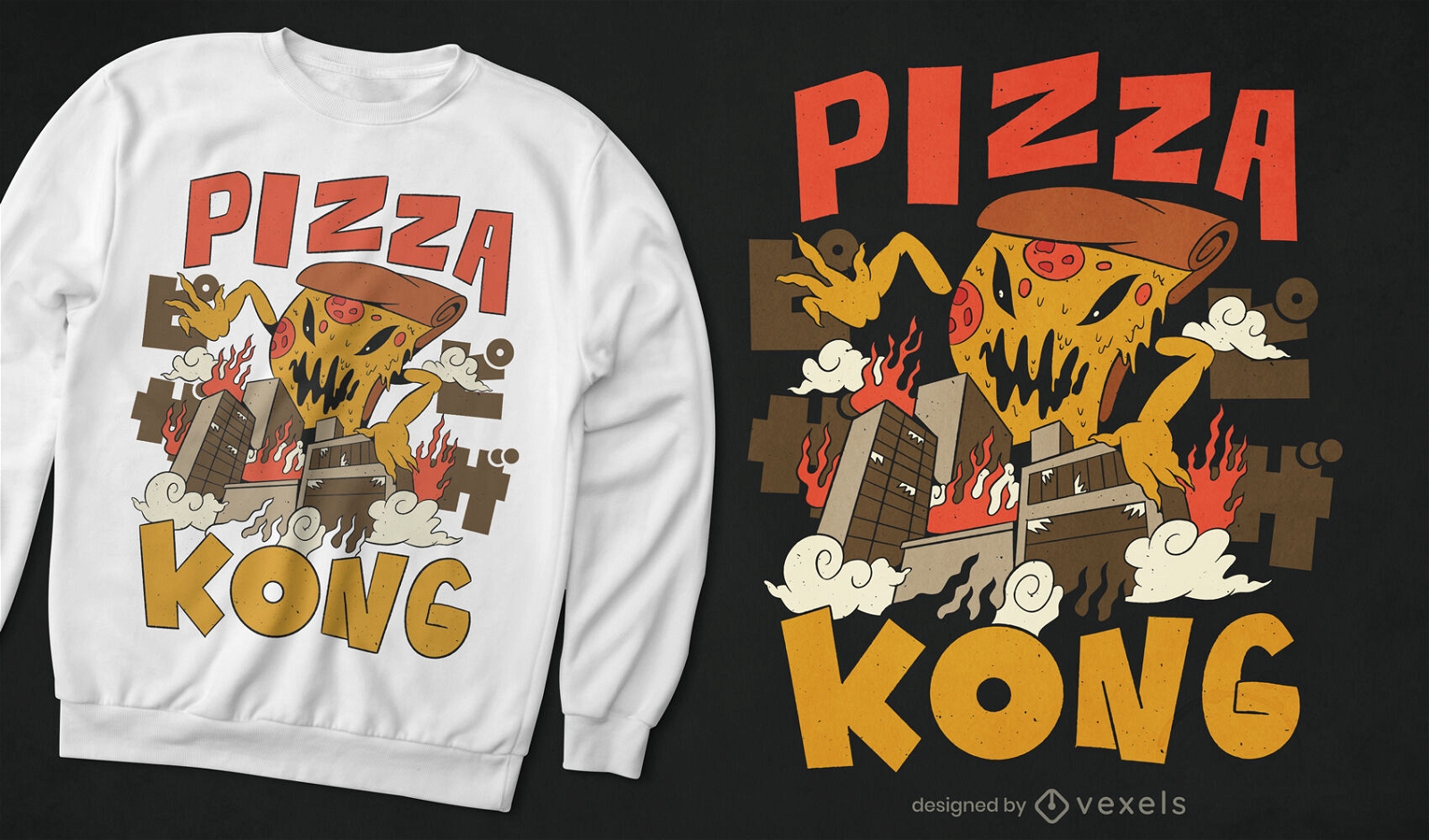 Pizza-Monster greift Stadt-T-Shirt-Design an