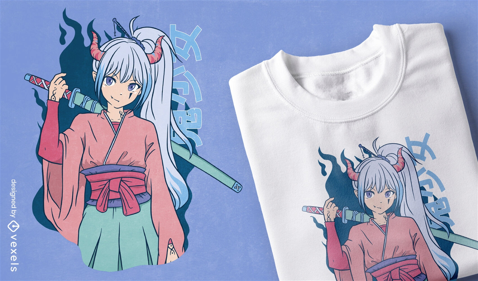 Chica anime con diseño de camiseta katana.