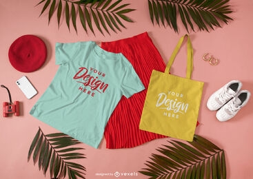 Chic girl outfit t-shirt and tote bag mockup