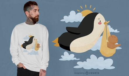 Diseño de camiseta de bebé pingüino cigüeña