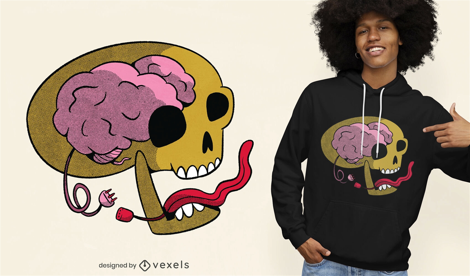 Diseño de camiseta de cráneo de cerebro y lengua.