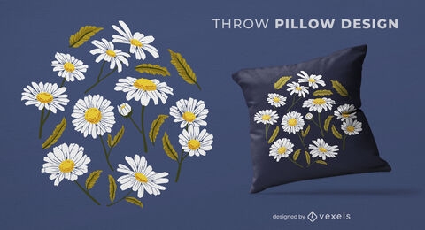 Daisy flowers and leaves throw pillow design