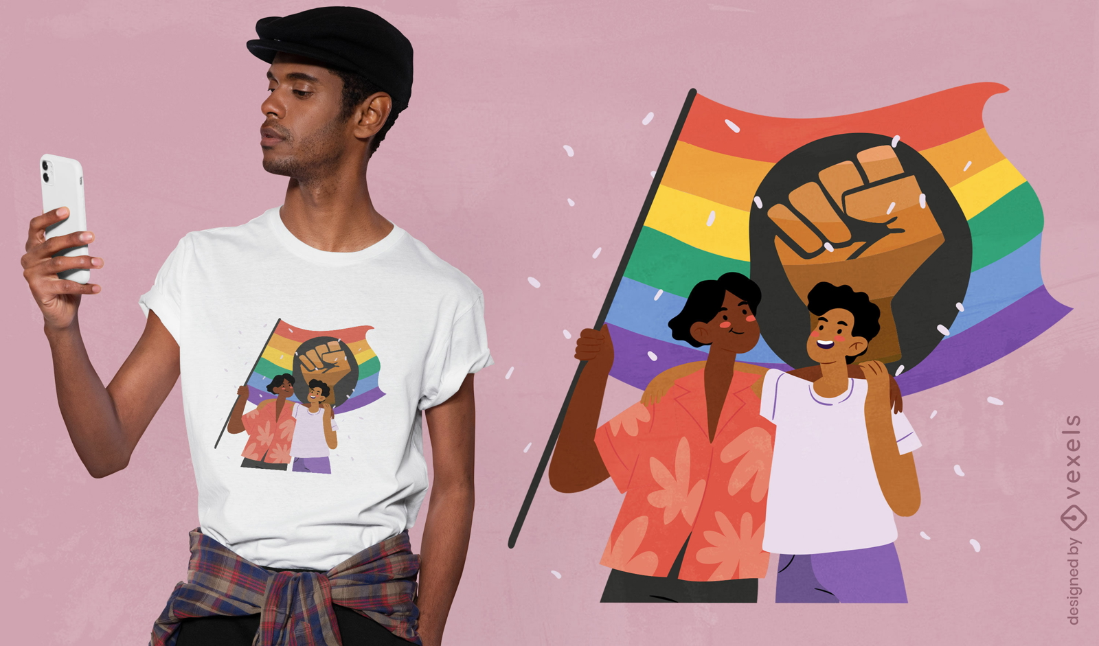 Gente abrazándose con diseño de camiseta de bandera lgbt