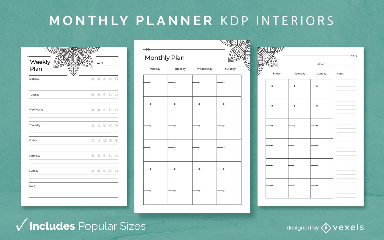 Floral mandala planner diary design template KDP