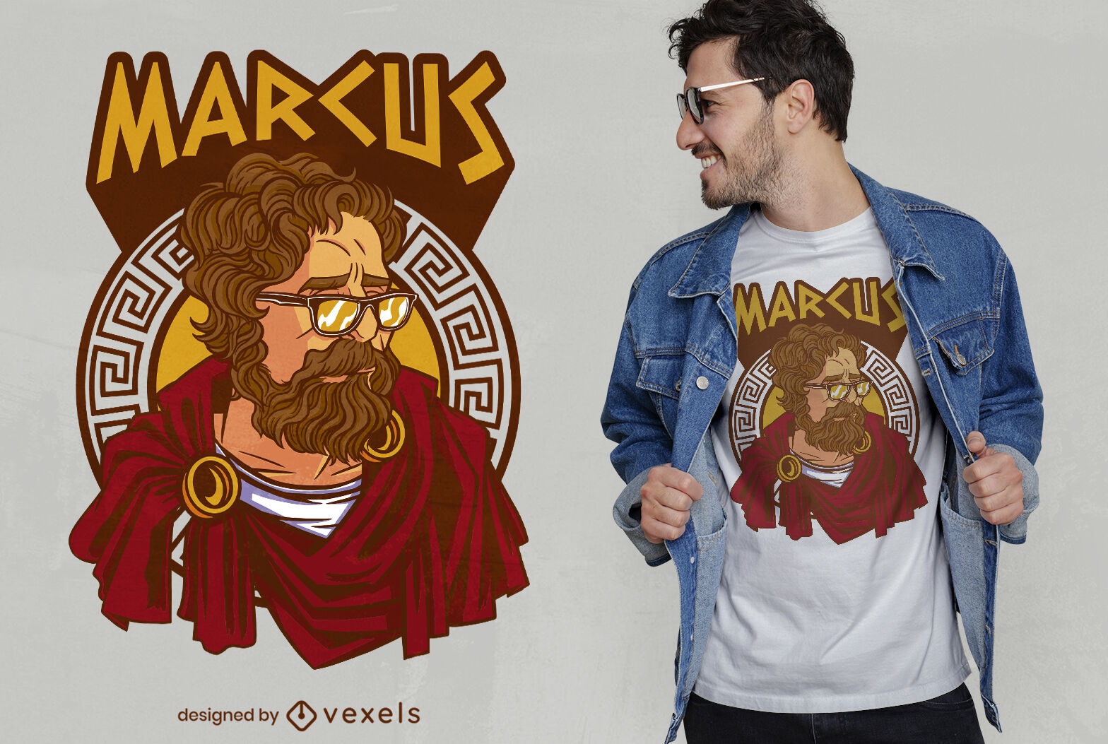 Diseño de camiseta de Marco Aurelio con gafas.