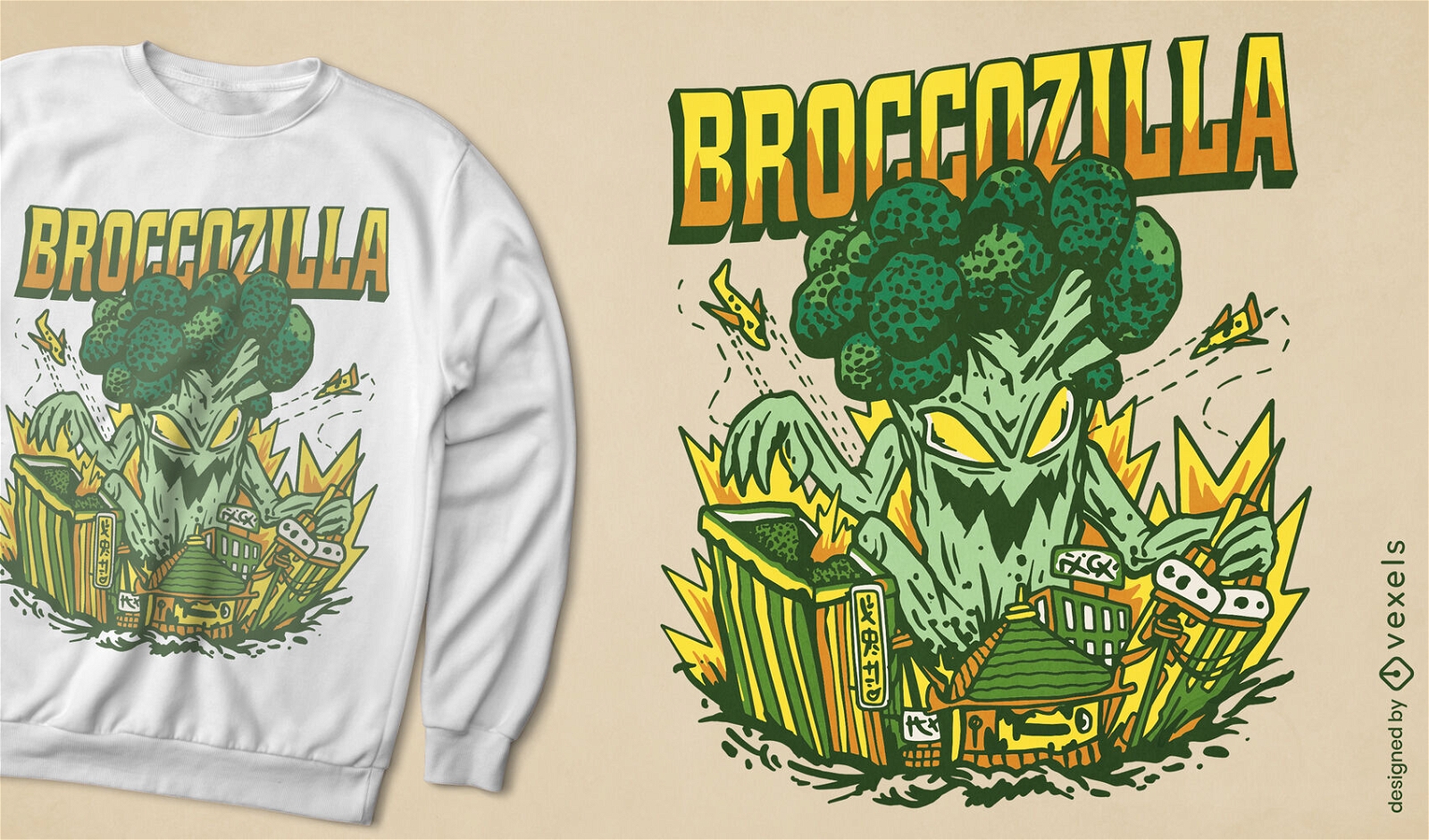 Riesiger Brokkoli greift Stadt-T-Shirt-Design an