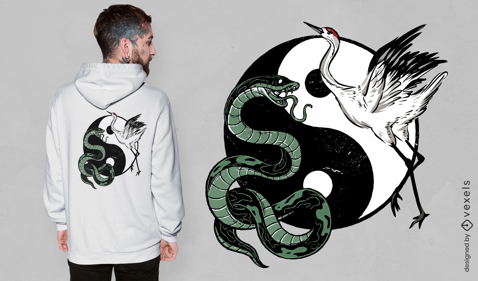 Design de camiseta de cobra e guindaste Yin yang